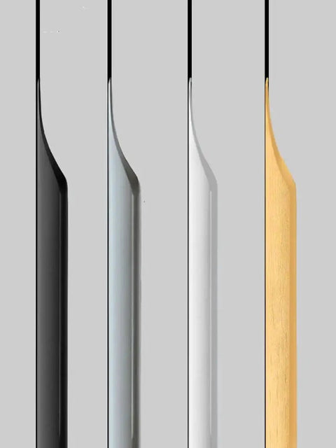 Side views of 5 Pack Concealed Finger Pulls For Cabinets And Drawers in various finishes, including black aluminum, showing streamlined design.