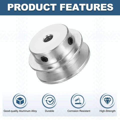 Lightweight aluminum fixed-bore pulley for 5 to 6mm belts, with 5mm bore, 30mm outer diameter and 7mm groove, showing product features.
