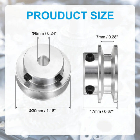 Aluminum Fixed Bore Pulley 6mm Bore 30mm Outer Diameter With 7mm Groove For 5 6mm PU Belts shown with dimensions