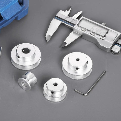 Lightweight aluminum fixed-bore pulley for 5 to 6mm belts, with 5mm bore, 30mm outer diameter, 7mm groove, includes hex wrench and caliper