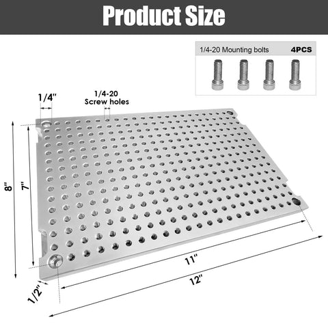 Heavy Duty Aluminum Fixture Plate For Bench Drill And Tapping Machining 8x12x1/2 Inches 6061 Anodized With 1/4-20 Threaded Holes Includes 4 Mounting Bolts Mini Pallet Fixture For Milling And Workbench Use JMSMSH, showing dimensions and bolt sizes.