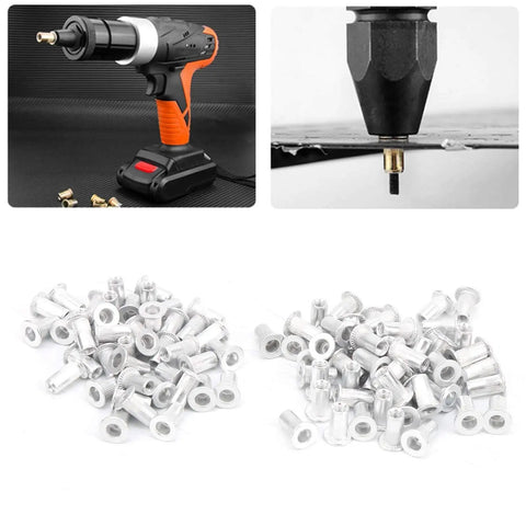 100 Piece Aluminum Flat Head Pull Rivet Nuts Set M6 Thread Size For Automotive, Aviation, Rail, Refrigeration, and Industrial Hardware Projects displayed with installation tool and drill bit.