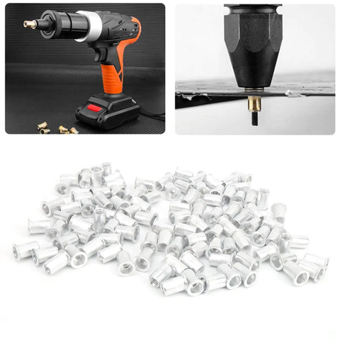 200 Piece Aluminum Flat Head Pull Riveting Nuts Set for Metal Panels and Pipes, drill view and nuts close-up
