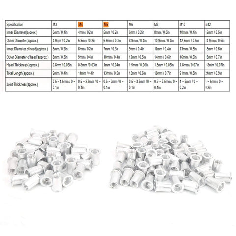 Assorted sizes of 200 Piece Aluminum Flat Head Pull Riveting Nuts Set for Metal Panels and Pipes in organizer box shown on white background.