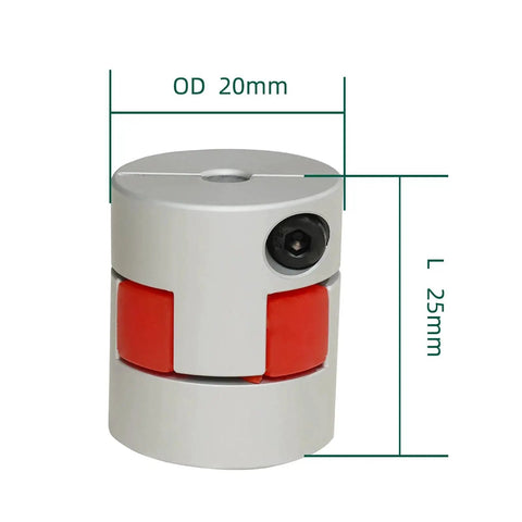 Flexible Shaft Coupling Aluminum Anodized Hub for Servo and Stepper Motors, OD 20mm, Length 25mm, with visible bore and screw detail