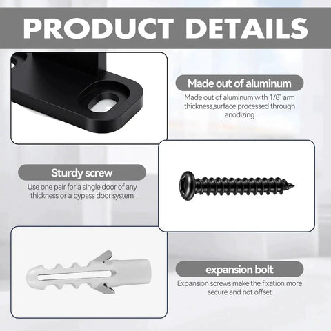 Sliding Barn Door Floor Guide Set components including aluminum bracket, sturdy screw, and expansion bolt details.