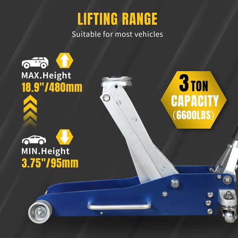 Beefy Ultra Lightweight 3 Ton Aluminum Floor Jack With Quick Rise Dual Pump for cars and trucks, side view, lifting range