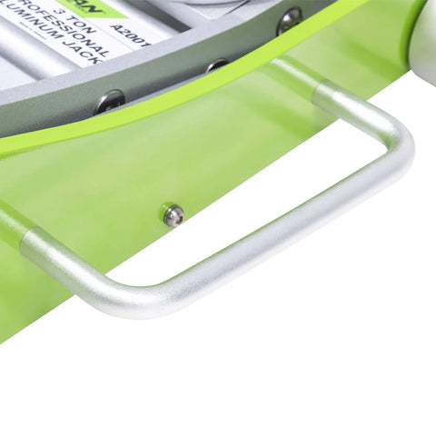 Close-up of the side mount handle on a 3-Ton Quick Rise Aluminum Floor Jack With Dual Pump Pistons, Reinforced Lift Arm.