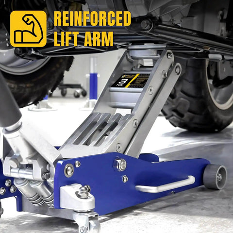 Beefy Ultra Lightweight 3 Ton Aluminum Floor Jack With Quick Rise Dual Pump in blue lifting a vehicle by Yellow Jacket