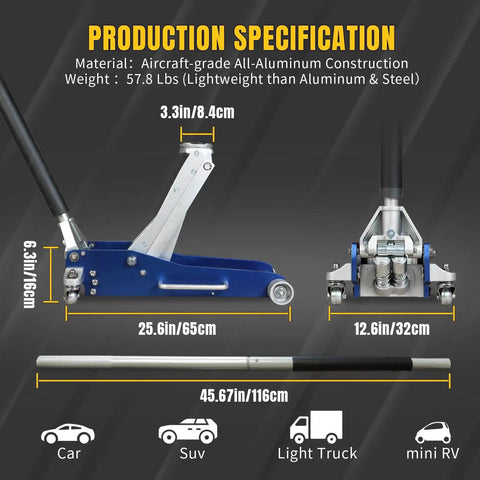 Beefy Ultra Lightweight 3 Ton Aluminum Floor Jack With Quick Rise Dual Pump For Cars And Trucks Low Profile Racing Jack