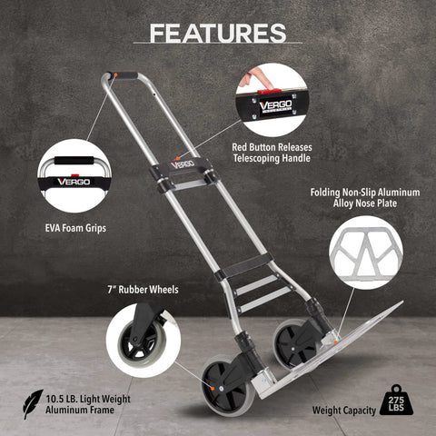 275 Ibs Capacity Folding Hand Truck Dolly with telescoping handle and rubber wheels showcasing key features.