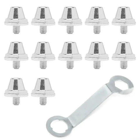 Aluminum Football Boot Studs Set 12 Pcs For Enhanced Traction 11mm 13mm 15mm with wrench, silver tone, lightweight, 5mm thread.