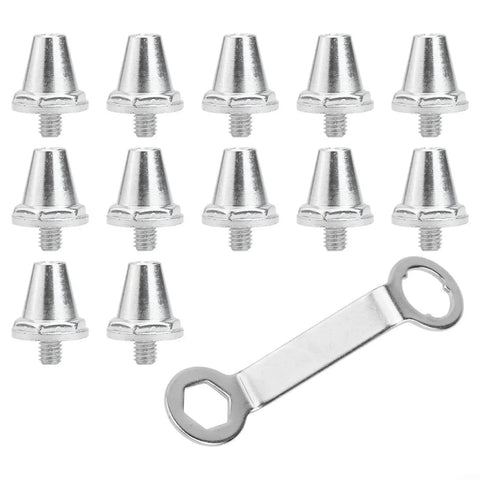 Aluminum Football Boot Studs Set 12 Pcs For Enhanced Traction 11mm 13mm 15mm with wrench, silver color, displayed on white background.