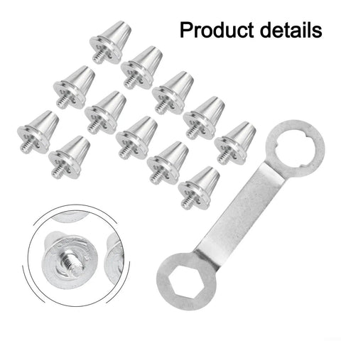 Aluminum Football Boot Studs Set 12 Pcs For Enhanced Traction 11mm 13mm 15mm with included wrench and close-up view of a stud