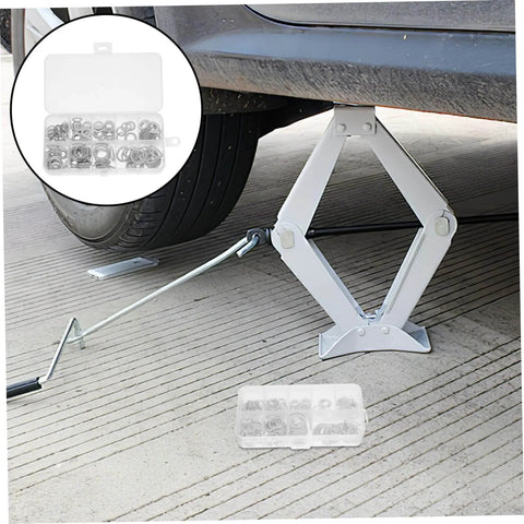 Aluminum All In One Leakproof Gasket Kit With 200 Pieces And Multi Size Crush Washers for automotive maintenance shown near car jack.