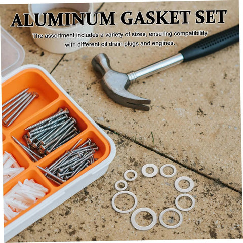 Must Have Aluminum Crush Seal Gasket Washers Set For Automotive And Industrial Use next to hammer and screws in storage box.