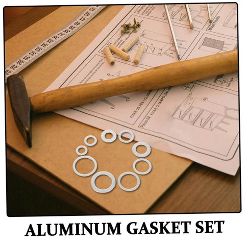Must Have Aluminum Crush Seal Gasket Washers Set with hammer and instructions on workbench