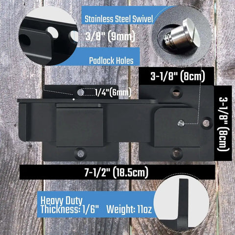 7.5 Inch Flip Gate Latch Lock With Padlock Holes, Heavy Duty Aluminum Alloy, detailed measurements and features on wood background