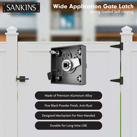 Beefy Black Heavy Duty Double Sided Gate Latch For Wooden Fence, self-locking aluminum gate latch installed on outdoor use swinging door.