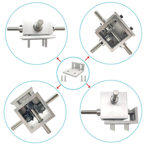Right Angle Mounting Bracket For PGFUN Right Angle Gearbox Aluminum Alloy 60mm, shown in various angles and assembly view.