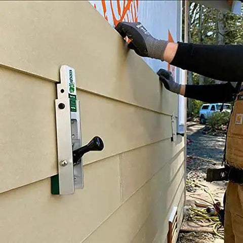 Aluminum Gecko Gauge for fiber cement siding offers precise height and spacing, shown mounted for hands-free installation.