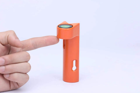 Adjustable Grade Rod Level Geoleni Aluminum Construction with orange finish and 40-minute sensitivity vial shown in close-up view.