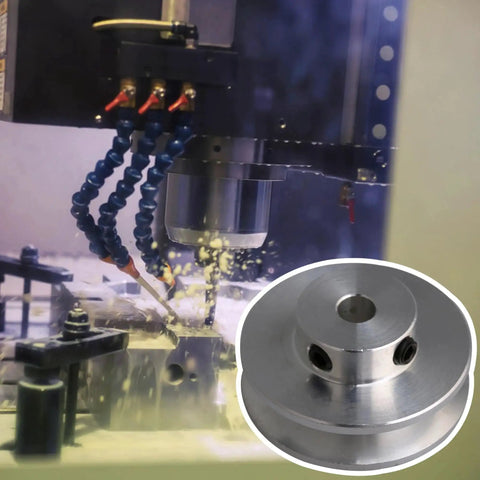 Aluminum single groove pulley with 31mm diameter and 5mm bore for 3–5mm PU round belts in DIY machines, shown in use.