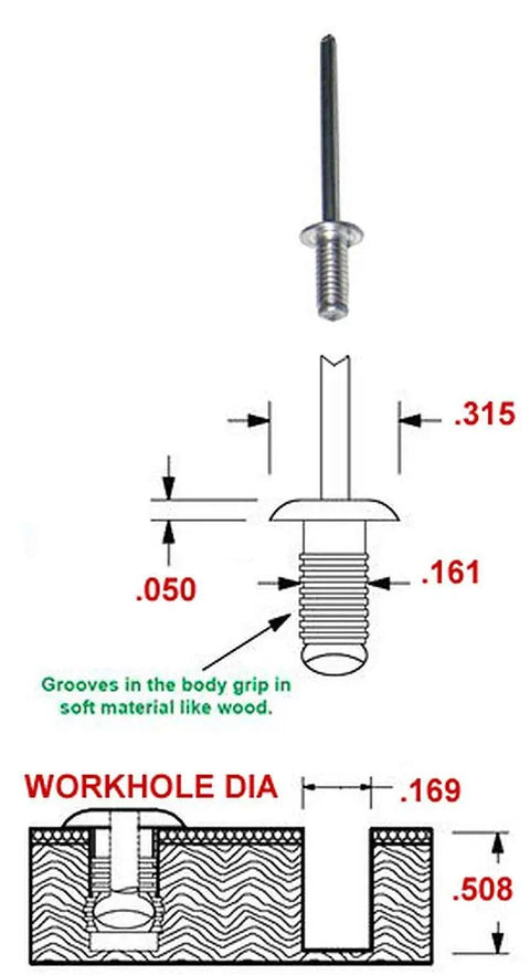 Diagram of Five Thirty Second Inch Aluminum Grove Rivets For Metal To Wood Bond Heavy Duty Rivets That Expand In Wood Holes