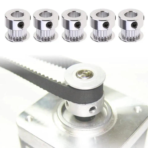 Image of GT2 Timing Belt Pulley 20 Teeth 8mm Bore Aluminum Synchronous Wheel with belt installed, set of 5.