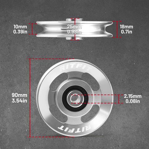 Pro Grade Aluminum Heavy Duty Pulley Wheel For Gym Equipment RitFit 90mm Bearing Pulley Set showing top and side view measurements