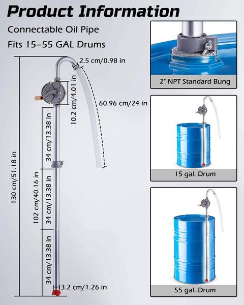 Diagram of All Aluminum Hand Crank Drum Pump For 55 Gallon Barrels, showing size and components, fits 15-55 gallon drums.