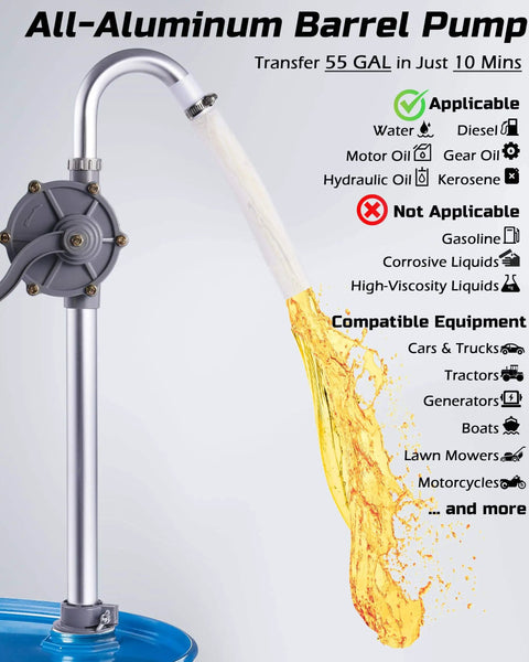 All Aluminum Hand Crank Drum Pump For 55 Gallon Barrels, Heavy Duty Leak Free Barrel Siphon For Diesel Kerosene Hydraulic Fluid, Rotary Transfer Pump For Machinery Use, Fits 5 To 55 Gallon Drums Faitio showing liquid transfer