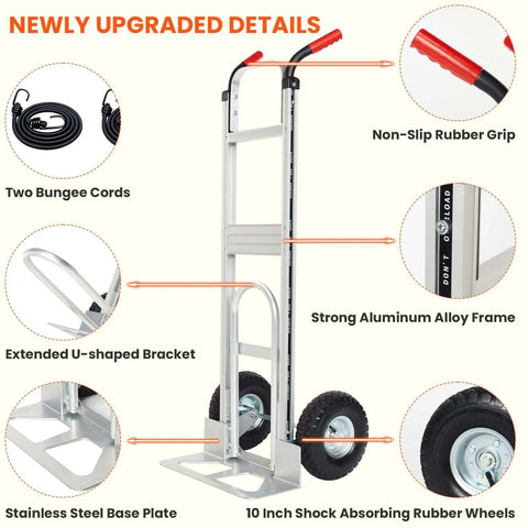 Aluminum Hand Truck Dolly Cart with 10" Pneumatic Tire, featuring rubber grip, alloy frame, bungee cords, and steel base for transport use.