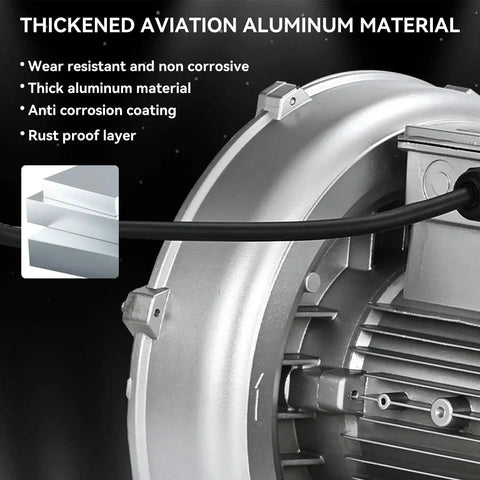 High-pressure regenerative blower with aluminum housing and corrosion-resistant features for reliable continuous air delivery.