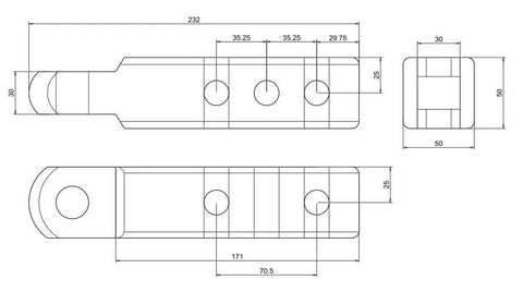 Technical drawing of Beefy 5 Ton Aluminum Long Hitch Receiver With Dual Pin Holes, Powder Coated Bow Shackle, Grey Finish, 232x50 mm.