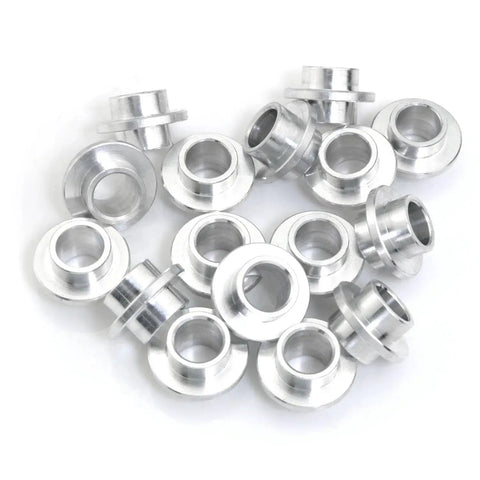 Aluminum Inline Skate Bearing Bushing Spacers Kit 16 Pieces With 8mm Axle Spacers For Wheel Center Bearings in a scattered arrangement