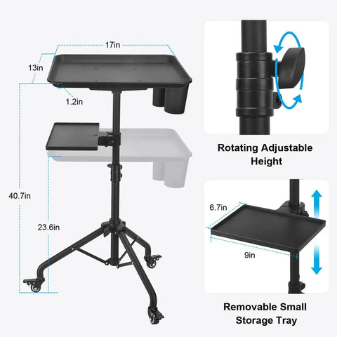 On Wheels Salon Tray Cart With Adjustable Height And Storage Platform Aluminum And Iron Rolling Tray For Tattoo Spa Dental Use Pro Grade Durable Service Cart For Salon And Spa Treatments With Easy Access And Stable Support, featuring 17x13 inch top, rotating adjustable height and removable storage platform.