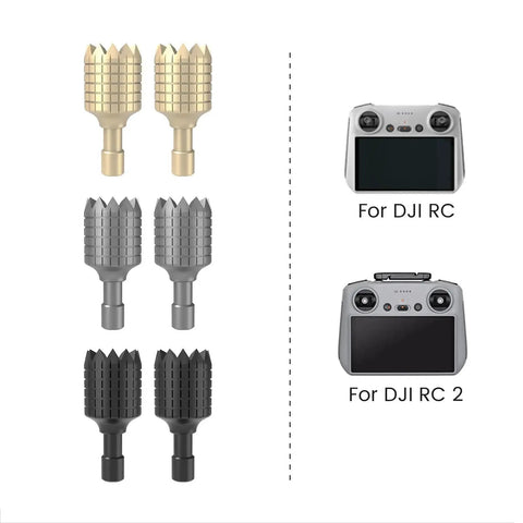 Gold, gray, black aluminum RC and RC2 joysticks spare remote control sticks for Mini 4 Pro Mini 3 Pro Mavic 3, shown with DJI remotes.