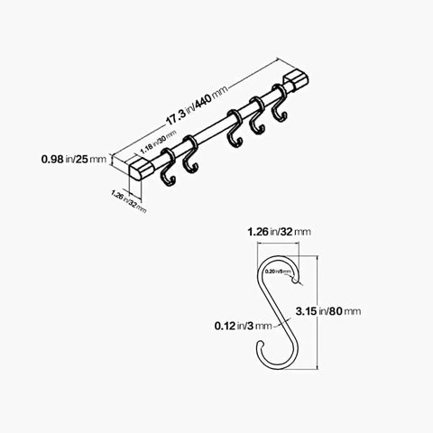 Dimensions of Kitchen Utensil Rack with Removable S Hook for Hanging Pots and Pans, Rod Hooks for Mugs, Wall Mounted Kitchen Rail Organizer