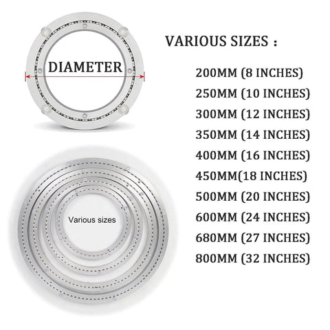 Various sizes of 16 Inch Aluminum Lazy Susan Turntable Bearing, Heavy Duty Swivel Round Rotating Plate, diagram with measurements.
