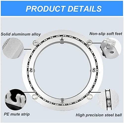 Aluminum Alloy Lazy Susan Turntable Bearing details; silent swivel plate features non-skid pads, brushed silver finish, PE strip, steel ball