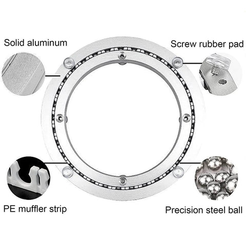 16 Inch Aluminum Lazy Susan Turntable Bearing with solid aluminum, screw rubber pad, PE muffler strip, and precision steel balls