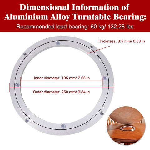 10 Inch Aluminum Alloy Lazy Susan Turntable Bearing with dimensions and installation example for heavy duty swivel use