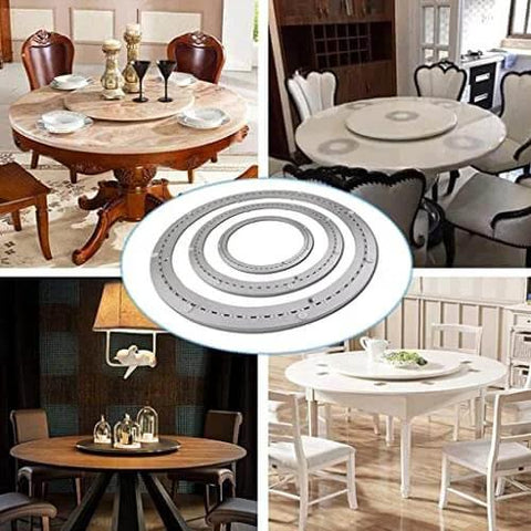 Aluminum Alloy Lazy Susan Turntable Bearing displayed on various dining tables, Heavy Duty Silent Swivel Plate with Smooth Rotation, Brushed Silver Finish.