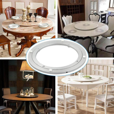 Montage of dining tables featuring 8 Inch Aluminum Heavy Duty Lazy Susan Rotating Turntable Bearing in various room settings.