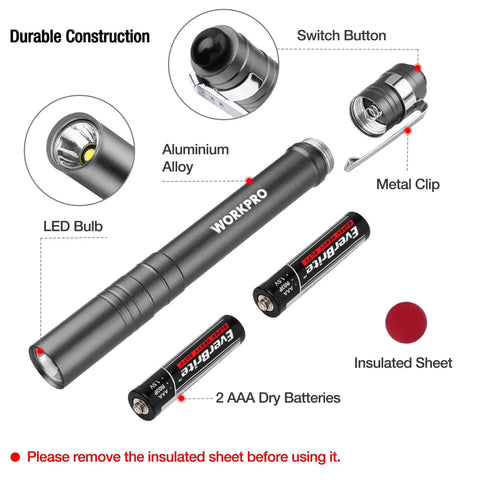 Aluminum LED Pen Light 4 Pack With Clip For Inspection And Emergency Use Includes 2AAA Batteries Pocket Sized Flashlight parts view
