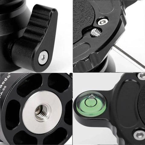 Close-up of Aluminum Leveling Base With 62mm Half Ball Platform for Camera Tripod Head showing quick lock knob and bubble level.