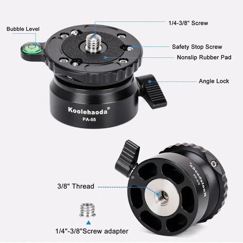 Aluminum Leveling Base With 62mm Half Ball Platform For Camera Tripod Head, 360 Degree Rotation, showing bubble level and screws.