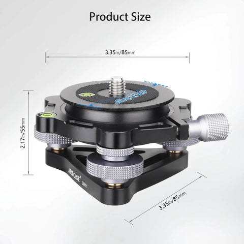 Effortlessly level a camera on uneven ground with this aluminum three legged leveling base with bubble levels and wheels