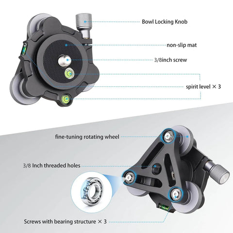 Effortlessly level a camera on uneven ground with this aluminum three legged leveling base, highlighting its components.